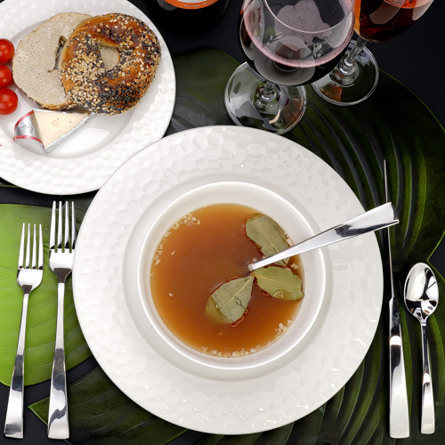 Plated soup and bagel tableware lifestyle scene