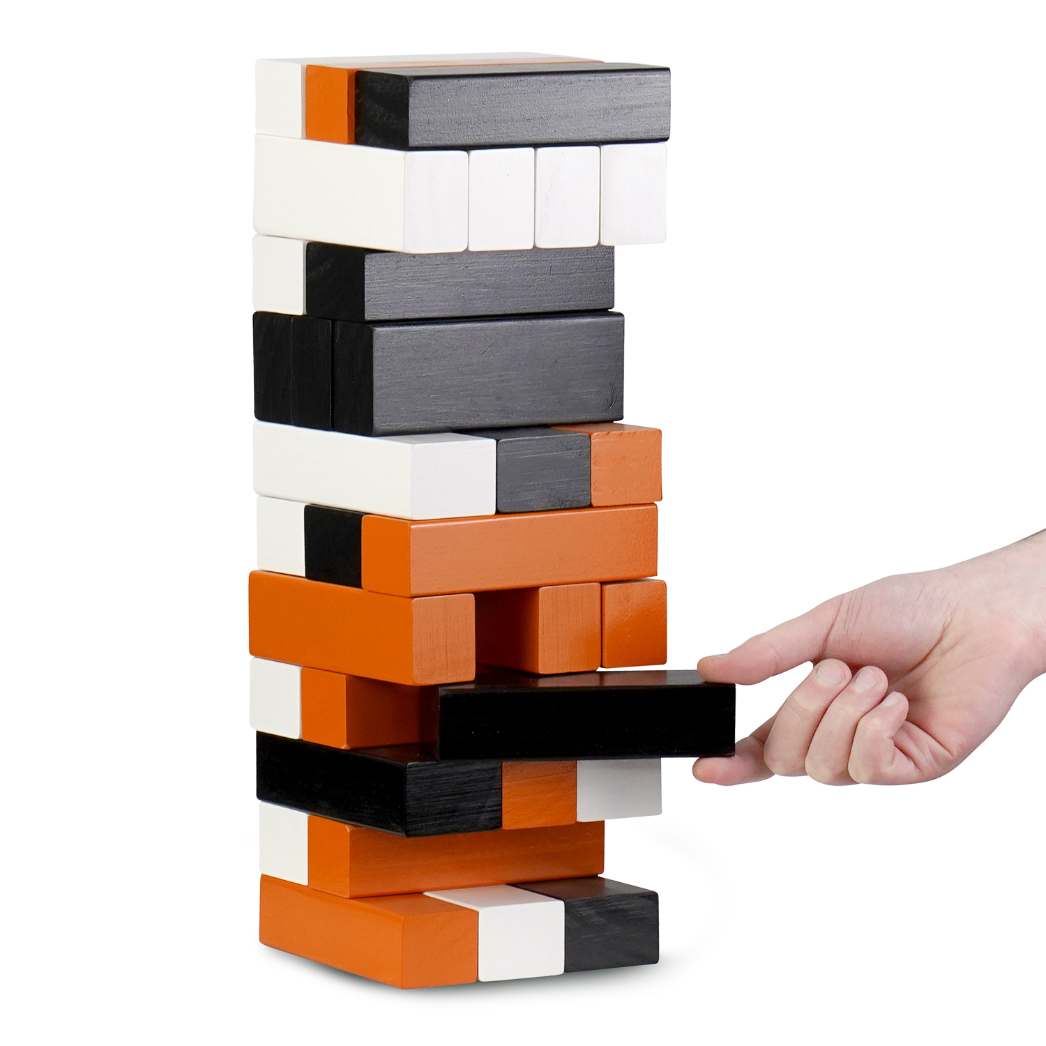 Wooden tumbling tower game on white
